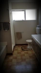 a bathroom with a toilet and a window at Chanel Court Motel in Masterton