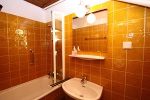 a bathroom with a sink and a toilet and a shower at Appartements Reiterhaus in Wagrain