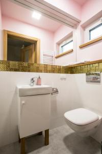 a bathroom with a toilet and a sink and a mirror at Tabaszówka in Krynica Zdrój +109 photos
