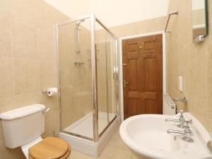 een badkamer met een douche, een toilet en een wastafel bij Hazel Barn in Falmouth
