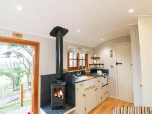 a kitchen with a stove in the middle of a room at Little Silver Fox in High Bickington