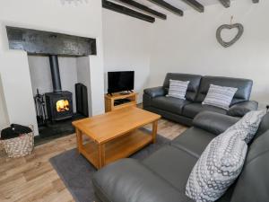 a living room with a couch and a fireplace at 5 Ceirnioge Cottages in Betws-y-coed