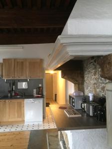 una cucina con armadi in legno e un muro in pietra di appartement château de la Comtesse a Saint-Gervais-les-Bains