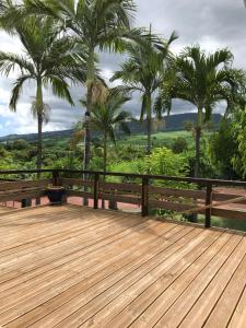 a wooden deck with palm trees in the background at Ravine Bleue in Saint-Louis