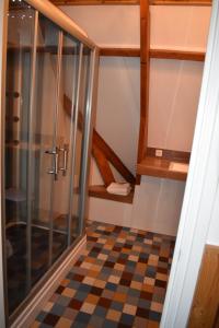 a bathroom with a shower and a checkered floor at B&B Molenstraat in Den Burg