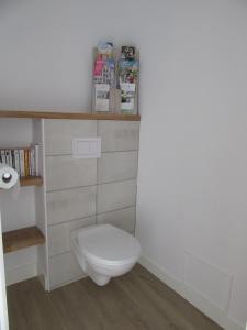 uma casa de banho com WC e uma prateleira com livros em Les Bordes em Vineuil