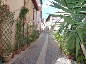 an alley with potted plants on the side of a building at Au coeur de CASSIS in Cassis