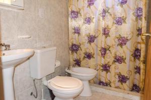 a bathroom with a toilet and a sink and a shower curtain at Rincón del Sol in Parque Nacional Los Alerces