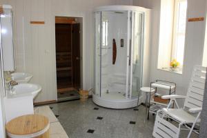 a bathroom with a shower and a sink at Ferienwohnung "Zur Alten Schule" Neuburxdorf in Neuburxdorf +14 photos