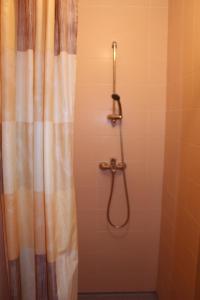 a shower with a shower curtain in a bathroom at Ignalinos sporto ir pramogų centras in Ignalina