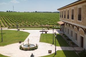 a building with a fountain and a field of vines at Hotel Torremilanos in Aranda de Duero