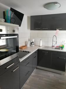 ヴィンターベルクにあるEleonora Apartmentのキッチン(ステンレス製の電化製品、黒いキャビネット付)