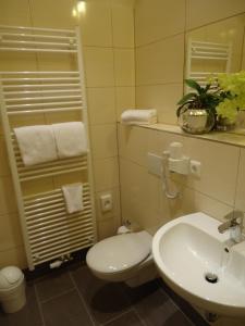 a bathroom with a white toilet and a sink at Ostseehotel Boltenhagen in Boltenhagen