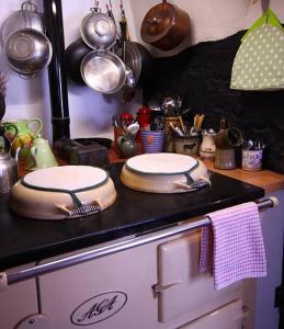 una cucina con due pentole e padelle su un bancone di Brook Farmhouse a Exeter