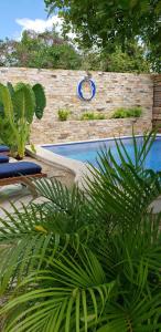 una piscina con 2 sillas y plantas junto a una valla en Poza Clara Sanctuary, en Bacalar