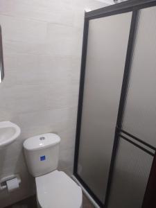 uma casa de banho com um WC e uma cabina de duche em vidro. em Hotel Don Luis em Ocaña