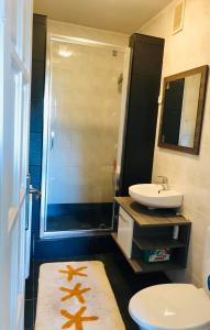シオーフォクにあるAkácvirág Apartmanのバスルーム(洗面台、トイレ、シャワー付)