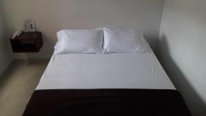 Una cama blanca con dos almohadas encima. en Hotel Don Luis, en Ocaña