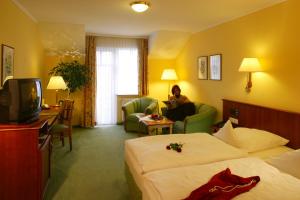 a hotel room with two beds and a woman sitting in a chair at Ringhotel Hotel Zum Stein in Oranienbaum-Wörlitz