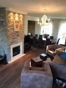 een woonkamer met een bank en een open haard bij Vass-Villa Vendégház in Szekszárd