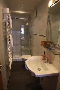 a bathroom with a sink and a shower and a toilet at Hotel Seepromenade in Meersburg