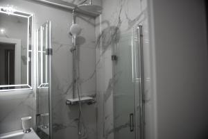 łazienka z prysznicem i szklanymi drzwiami w obiekcie Glamour Apartments w mieście Piła +8 zdjęć