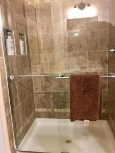 Un baño con ducha con puerta de cristal. en Talkeetna Mount Dall Cottage with WiFi&laundry, en Talkeetna