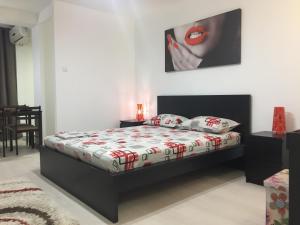 a bedroom with a bed and a painting on the wall at Faleza Apartment in Galaţi