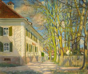 an oil painting of a house and trees at Hotel Burgmeier in Dachau