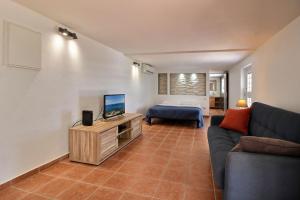 a living room with a couch and a tv and a bed at Appartement THOMANA , jacuzzi privé, plage à 200 m in Le Moule
