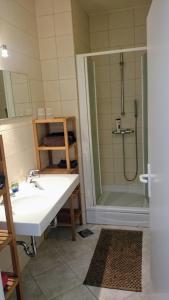 a bathroom with a sink and a shower at House Pod Humom in Jelsa