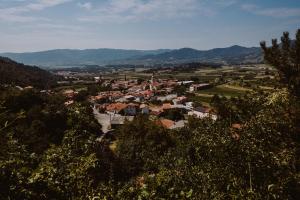 uma cidade num vale com montanhas ao fundo em Kmetija Tomažič vinska klet - winery em Vipava