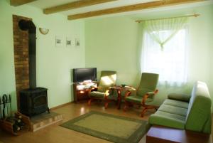 sala de estar con sofá, mesa y chimenea en Barwy Morza - domki, en Rowy
