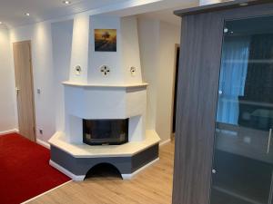 
a room with a fireplace and a television in it at Gästehaus Alpinia in Berlin
