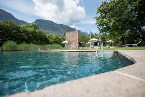 a pool of water with a table and umbrellas at Hotel Weingut Stroblhof in Appiano sulla Strada del Vino