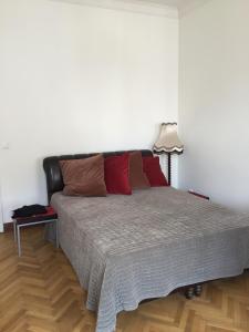 ein Schlafzimmer mit einem großen Bett mit roten Kissen in der Unterkunft Apartman Vridelni 136 Karlovy Vary in Karlsbad