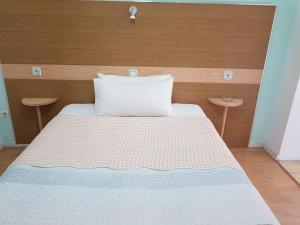 1 dormitorio con 1 cama con cabecero de madera en Hostal Lima en Valladolid