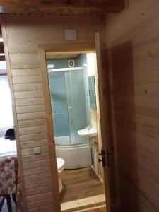a small bathroom with a toilet and a sink at Котеджі "У Яни" in Yablunytsya