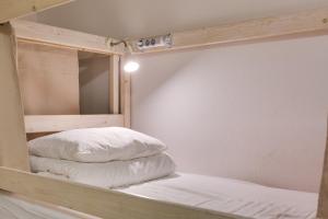 two pillows on a bunk bed with a mirror at Centeral Hostel Moscow in Moscow