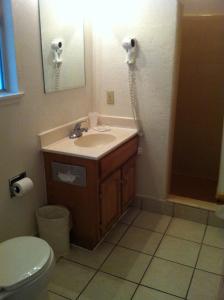 a bathroom with a sink and a toilet and a phone at Golden Chain Motel in Grass Valley