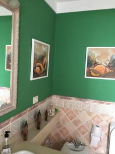 a bathroom with green walls and a sink and a mirror at Apartamento El Muelle in Arrieta
