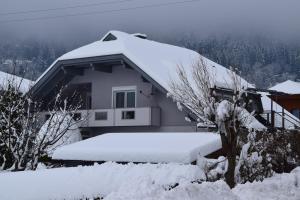 a house covered in snow with trees and mountains at Ferienwohnung Trauntschnig in Bodensdorf