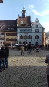 a group of people standing in front of a large building at Familiehuis Dolve 2 in Hartheim