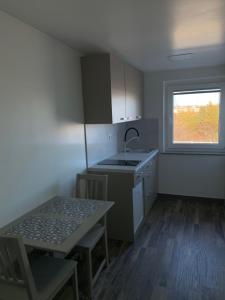 a kitchen with a sink and a table and a window at Apartman Decorus in Maribor