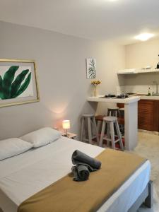 a bedroom with a bed with a camera on it at Apartment & Studio 28 in Playa del Carmen