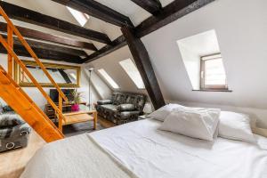 a bedroom with a bed and a ladder and a chair at Appartements Paola, Pamela, Patricia et Pascale in Strasbourg