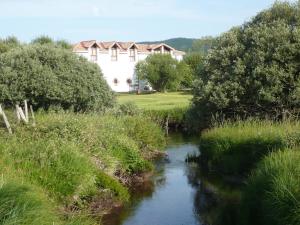 a river in front of a house and a building at Posada Molino La Vega in Reinosilla