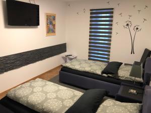デュッセルドルフにあるメッセツィマー 4uのベッド2台、薄型テレビが備わる客室です。