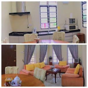 a kitchen and a living room with a table and chairs at Homestay Terengganu Faidaville in Kuala Terengganu