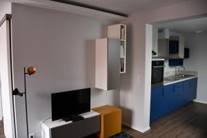 uma sala de estar com uma televisão e uma cozinha em L'appart' em Schwenheim